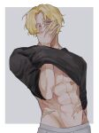  1boy black_eyes black_shirt blonde_hair burn_scar clothes_lift covering_mouth english_commentary grey_background guilty_challenge_(meme) hand_over_own_mouth hand_under_clothes hand_under_shirt highres male_focus meme muscular muscular_male navel one_piece pants sabo_(one_piece) scar scar_across_eye scar_on_face shirt shirt_lift short_hair solo stomach white_pants xve009 