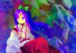  1girl bow closed_mouth commentary_request detached_sleeves expressionless flat_chest gohei green_bow hair_bow headband holding holding_gohei japanese_clothes kaigen_1025 kimono long_hair pants purple_eyes purple_hair red_pants sitting sleeveless sleeveless_kimono solo touhou touhou_(pc-98) white_headband white_kimono white_sleeves 