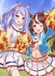  2girls :d ;d alternate_hairstyle animal_ears blue_eyes blue_jacket blush bow brown_hair cheerleader cosplay crop_top hair_bow highres horse_ears horse_girl horse_tail jacket long_hair looking_at_viewer mejiro_mcqueen_(umamusume) midriff multicolored_hair multiple_girls navel nice_nature_(run&amp;win)_(umamusume) nice_nature_(umamusume) nice_nature_(umamusume)_(cosplay) one_eye_closed outdoors pink_bow pom_pom_(cheerleading) ponytail purple_eyes purple_hair skirt smile streaked_hair swept_bangs tail tokai_teio_(umamusume) two-tone_hair umamusume white_hair white_skirt yoshinon_(yoshinon_kotori) 