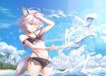  1girl ;d ahoge animal_ear_fluff animal_ears arknights arm_up bare_shoulders beach bikini black_bikini blue_eyes blue_sky cloud commentary_request cowboy_shot day dot_nose extra_ears fox_ears fox_girl fox_tail genjaku grey_hair hair_ornament hairclip highres lens_flare light_rays navel ocean off-shoulder_bikini off_shoulder official_alternate_costume one_eye_closed originium_(arknights) oripathy_lesion_(arknights) outdoors palm_tree partially_submerged sand see-through short_hair short_twintails side-tie_bikini_bottom sky smile solo sparkle splashing sunlight sussurro_(arknights) sussurro_(summer_flower)_(arknights) swimsuit tail tree twintails wading water wet 