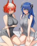  2girls arknights bare_arms bare_shoulders blue_eyes blue_hair breasts commentary fangs_(fangs_art) fiammetta_(arknights) grey_sweater halo highres horns large_breasts long_hair looking_at_viewer meme_attire mostima_(arknights) multiple_girls pointy_hair red_eyes red_hair short_hair sitting sleeveless sleeveless_turtleneck sweater tail thighs turtleneck very_long_hair virgin_killer_sweater 