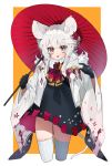  1girl animal animal_ears black_dress black_gloves cropped_legs dress gloves grey_eyes haori highres holding holding_umbrella japanese_clothes long_hair looking_at_viewer mid_(gameshe) mouse mouse_ears mouse_tail oriental_umbrella original parted_lips slit_pupils solo tail thighhighs umbrella white_hair white_legwear wide_sleeves 