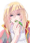  1boy absurdres artist_name blonde_hair blue_eyes collared_shirt dangle_earrings dated earrings eating edamame_(food) food frilled_shirt frills gold_trim hair_between_eyes highres holding holding_food howl_(howl_no_ugoku_shiro) howl_no_ugoku_shiro jacket jewelry looking_at_viewer male_focus medium_hair multicolored_clothes multicolored_jacket parted_lips shikiwo shirt solo upper_body white_background white_shirt 