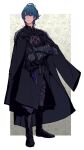 1boy armor black_armor black_cape black_footwear blue_eyes blue_hair boots byleth_(fire_emblem) byleth_(male)_(fire_emblem) cape closed_mouth crossed_arms dagger english_commentary expressionless fire_emblem fire_emblem:_three_houses floral_background full_body gauntlets hair_between_eyes highres houppelande knife male_focus messy_hair shadow shoulder_armor signature solo tassel third-party_source weapon yum0811 