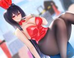  1girl ahoge animal_ears azur_lane black_hair bow bowtie breasts cleavage collar commentary_request detached_collar fake_animal_ears hair_between_eyes hair_over_shoulder highres huge_breasts leotard long_hair pantyhose playboy_bunny rabbit_ears red_bow red_bowtie red_eyes red_leotard sano_sho sitting solo taihou_(azur_lane) 