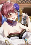  1girl beer_can black_collar blush bow can collar detached_collar drink_can drunk flower hair_bow hair_flower hair_ornament heterochromia high_ponytail highres holding holding_can hololive houshou_marine houshou_marine_(new_year) japanese_clothes kimono long_hair looking_at_viewer mia_(fai1510) official_alternate_costume open_mouth red_eyes red_hair smile solo treasure_chest virtual_youtuber white_bow white_kimono yellow_eyes 