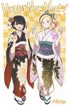  2girls black_hair blonde_hair blue_eyes bow cindy_moon colored_tips double_v floral_print gwen_stacy hair_bow happy_new_year highres japanese_clothes kimono looking_at_viewer marvel multicolored_hair multiple_girls open_mouth pink_hair sandals short_hair side_ponytail smile spider-man_(series) spider_web_print sushi_pizza_rrr teeth upper_teeth_only v 