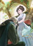  1boy 1girl barbara_(pixiv_fantasia_last_saga) black_gloves braid brown_hair cape dress earrings flower gloves hair_up hand_kiss highres jewelry kiss kneeling long_hair long_sleeves lou_glev mask moyatarou pixiv_fantasia pixiv_fantasia_last_saga red_eyes short_sleeves sunlight white_dress white_earrings 