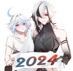  2024 2girls ahoge arlecchino_(genshin_impact) bare_shoulders black_hair black_shirt blue_eyes commentary furina_(genshin_impact) genshin_impact glaciel hair_between_eyes holding looking_at_viewer multicolored_hair multiple_girls shirt short_hair short_sleeves sleeveless sleeveless_shirt streaked_hair upper_body white_hair white_shirt 