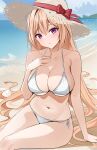  1girl :o absurdres bare_arms bare_shoulders beach bikini black_survival blonde_hair blush bow breasts character_request closed_mouth collarbone costone day eternal_return:_black_survival hand_on_own_chest hat hat_bow highres large_breasts long_hair looking_at_viewer navel ocean on_ground outdoors parted_lips purple_eyes red_bow sitting solo straw_hat swimsuit very_long_hair water white_bikini yellow_headwear 