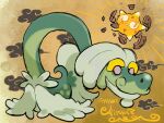  ariga_hitoshi artist_name closed_mouth commentary_request drampa full_body highres minior no_humans orange_background pink_eyes pokemon pokemon_(creature) shell signature smile 