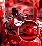  1girl brown_hair colored_skin commentary_request flat_chest highres holding horns japanese_clothes kaigen_1025 kimono konngara_(touhou) long_sleeves no_mouth no_nose red_eyes red_horns red_kimono red_theme single_horn solo touhou touhou_(pc-98) white_skin 