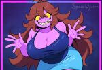 anthro big_breasts blue_clothing blue_dress blue_topwear bottomwear breasts brown_hair clothed clothing deltarune dinosaur dress female freckles grin hair long_hair messy_hair pink_pupils pupils purple_body purple_scales reptile scales scalie sharp_teeth smile solo spacewyvern susie_(deltarune) teeth thick_thighs topwear undertale_(series) wide_hips yellow_sclera