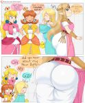  4girls absurdres ass ass_envy belt blonde_hair blue_eyes bouncing_ass bouncing_breasts breasts brown_hair crown dress earrings english_text grid_background hair_over_one_eye hand_to_own_mouth highres huge_ass jewelry jinu_(jinusenpai) large_breasts lipstick long_hair makeup mario_(series) multiple_girls parted_lips pink_dress pointy_ears princess_daisy princess_peach princess_zelda rosalina short_hair smile smug speech_bubble super_mario_galaxy super_smash_bros. surprised the_legend_of_zelda tight_dress white_dress yellow_dress 