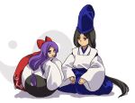  1boy 1girl black_hair blue_headwear blue_pants commentary_request detached_sleeves hair_ribbon hakurei_reimu hakurei_reimu_(pc-98) hat headband japanese_clothes kaigen_1025 kariginu long_hair long_sleeves open_mouth orb pants purple_eyes purple_hair red_eyes red_ribbon red_skirt ribbon shingyoku_(male) shingyoku_(touhou) shirt skirt sleeves_past_fingers sleeves_past_wrists tate_eboshi touhou touhou_(pc-98) white_headband white_shirt white_sleeves yin_yang yin_yang_orb 