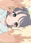  1girl blue_eyes blue_pajamas blurry blurry_foreground blush foreshortening hanamizawa_q-tarou highres looking_at_viewer lying on_bed on_side original paid_reward_available pajamas palms pillow print_pajamas purple_hair smile solo 