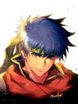  1boy bangs blue_eyes blue_hair closed_mouth fire_emblem fire_emblem:_path_of_radiance green_headband headband ike_(fire_emblem) male_focus okuma_yuugo red_scarf scarf signature simple_background solo upper_body 