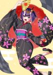 1girl absurdres black_kimono breasts eyeliner fate/grand_order fate_(series) floral_print folding_fan hand_fan headpiece highres horns izanaware_game japanese_clothes kimono long_sleeves looking_at_viewer makeup obi oni oni_horns open_mouth purple_eyes purple_hair sash short_hair shuten_douji_(fate) shuten_douji_(lostroom_outfit)_(fate) skin-covered_horns small_breasts smile solo wide_sleeves 
