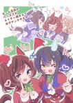  3girls :d ;d \m/ alternate_costume alternate_hairstyle animal_ears black_hair blue_hair bow bowtie brown_hair capelet daitaku_helios_(umamusume) ear_covers fang female_trainer_(umamusume) fur-trimmed_capelet fur-trimmed_headwear fur_trim green_bow green_bowtie hat honkawa_works horse_ears horse_girl horse_tail horseshoe_ornament long_sleeves multicolored_hair multiple_girls nice_nature_(umamusume) one_eye_closed pleated_skirt purple_shirt purple_skirt red_capelet red_headwear sailor_collar sailor_shirt santa_costume santa_hat school_uniform shirt side_ponytail skirt smile streaked_hair tail tracen_school_uniform trainer_(umamusume) umamusume white_bow white_bowtie yellow_eyes 