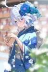  1girl blue_eyes blue_hair blue_kimono blurry blurry_background commentary_request cowlick depth_of_field drop-shaped_pupils ema floral_print_kimono flower furina_(genshin_impact) genshin_impact hair_between_eyes hair_flower hair_ornament hands_up heterochromia holding_ema japanese_clothes kimono light_blue_hair long_sleeves looking_at_viewer mismatched_pupils multicolored_hair obi outdoors rrr_gns_(riuriu_1212) sash short_hair snowing solo white_hair 