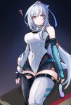  1girl ? asymmetrical_legwear bare_shoulders black_thighhighs breasts commentary cowboy_shot elbow_gloves gloves grey_hair highres honkai:_star_rail honkai_(series) jingliu_(honkai:_star_rail) large_breasts leotard long_hair looking_at_viewer mini2chainz mismatched_legwear official_alternate_costume parted_lips pink_eyes solo standing thighhighs thighs very_long_hair white_leotard white_thighhighs 