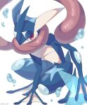  animal_focus blue_skin colored_skin commentary_request frog greninja highres iwasi_29 no_humans pokemon pokemon_(creature) red_eyes simple_background squatting water webbed_feet webbed_hands white_background 