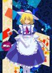  1girl apron blonde_hair blue_dress closed_mouth collared_shirt commentary_request dress feet_out_of_frame flat_chest frilled_apron frilled_dress frills gloves hat hat_ribbon highres kaigen_1025 kana_anaberal looking_at_viewer maid neck_ribbon no_entry_sign pantyhose pinafore_dress pink_ribbon puffy_short_sleeves puffy_sleeves ribbon road_sign shirt short_hair short_sleeves sign sleeveless sleeveless_dress smile touhou touhou_(pc-98) white_gloves white_headwear white_pantyhose white_shirt yellow_eyes 