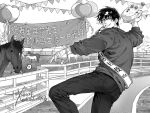  1boy ? balloon bandaid bandaid_on_cheek bandaid_on_face birthday birthday_cake cake eating feet_out_of_frame fence food fruit fushiguro_touji greyscale grin holding holding_plate horse jujutsu_kaisen lips long_sleeves looking_at_viewer male_focus monochrome outdoors pants plate sash sashiyu scar scar_on_face short_hair smile solo speech_bubble strawberry sweater teeth 