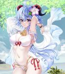  1girl adapted_costume ahoge armpits arms_up bell bikini blue_hair bracelet breasts cleavage covered_nipples cropped_legs flower ganyu_(genshin_impact) genshin_impact groin hair_between_eyes hair_flower hair_ornament highres horns jewelry large_breasts long_hair looking_at_viewer navel neck_bell outdoors purple_eyes red_rope rope sidelocks skindentation sky smile solo standing stomach swimsuit tassel thighs uran_(uran-factory) white_bikini 