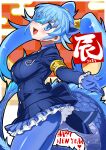  1girl :d absurdres animal_ears blue_eyes blue_gloves blue_hair blue_pantyhose blue_suit breasts chinese_zodiac commentary cowboy_shot dragon dragon_girl dragon_tail eastern_dragon extra_ears frilled_sleeves frills gloves hair_between_eyes happy_new_year highres japari_symbol kemono_friends large_breasts long_hair long_sleeves masuyama_ryou microskirt nengajou new_year open_mouth pantyhose pleated_skirt seiryuu_(kemono_friends) skirt smile solo suit tail twintails very_long_hair year_of_the_dragon 