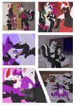 absurd_res anthro bedroom black_body black_fur blue_eyes canid canine canis clothing comic cub drinking fox fur genitals group hi_res inside jackal kissing male male/male male_penetrated male_penetrating mammal mask mephitid multicolored_body multicolored_fur nikosita penetration penis purple_body purple_fur red_eyes skunk sucking underwear wolf