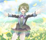  1girl :d black_jacket black_skirt blazer blue_sky blurry blush bow cloud collared_shirt cowboy_shot day falling_petals field flower flower_field green_eyes green_hair highres jacket long_sleeves looking_at_viewer miniskirt neck_ribbon nogi_wakaba_wa_yuusha_de_aru open_clothes open_jacket open_mouth outdoors outstretched_arms petals pleated_skirt purple_ribbon ribbon school_uniform shiratori_utano shirt short_hair sidelocks skirt sky smile solo standing sweater teeth white_shirt yellow_flower yuusha_de_aru yuyuyui_god 