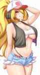  1girl anisdrawn arm_up bandeau bare_arms bare_shoulders baseball_cap black_panties black_vest blonde_hair breasts commentary cosplay cowboy_shot crop_top cutoffs cynthia_(pokemon) denim denim_shorts grey_eyes hat highleg highleg_panties highres hilda_(pokemon) hilda_(pokemon)_(cosplay) long_hair looking_at_viewer midriff navel panties poke_ball pokemon pokemon_bw pokemon_dppt ponytail short_shorts shorts simple_background skindentation smile solo standing stomach thighs underwear very_long_hair vest white_background 