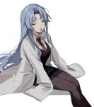 1girl angela_(project_moon) black_skirt black_vest brown_pantyhose coat collared_shirt expressionless feet_out_of_frame grey_hair hair_intakes highres invisible_chair lab_coat lobotomy_corporation long_hair looking_at_viewer mouth_hold mu46016419 necktie one_eye_closed open_clothes open_coat pantyhose pencil_skirt project_moon red_necktie shirt simple_background sitting skirt sleeves_past_fingers sleeves_past_wrists solo vest white_background white_coat white_shirt yellow_eyes 