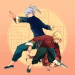  2boys beatmania_iidx black_footwear black_pants black_shirt blonde_hair brothers chinese_clothes closed_mouth commentary_request copyright_name ereki_(beatmania) fighting_stance folded_ponytail full_body grey_hair grey_pants grin hair_between_eyes high_ponytail lattice long_bangs long_sleeves looking_at_viewer looking_back male_focus maoh_(aburaage0528) multiple_boys orange_background pants red_eyes red_shirt shilow shirt shoes short_hair siblings smile squatting standing tangzhuang vocaloid yi_er_fan_club_(vocaloid) 
