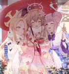  3girls animal animal_ear_fluff animal_ears bird blonde_hair blue_archive blurry blurry_foreground blush closed_eyes double_bun flower fox_ears hair_between_eyes hair_bun hair_flower hair_ornament halo highres holding holding_umbrella japanese_clothes kimono light_brown_hair long_hair long_sleeves mika_(blue_archive) multiple_girls nagisa_(blue_archive) oil-paper_umbrella one_eye_closed open_mouth pink_flower pink_hair pink_halo pink_kimono purple_flower seia_(blue_archive) shan_(ti0n) smile tea_party_(blue_archive) umbrella white_bird wide_sleeves yellow_eyes yellow_halo yellow_kimono 