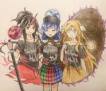  3girls black_hair black_shirt blonde_hair blue_eyes blue_hair closed_eyes collarbone commentary_request cosplay flat_chest hecatia_lapislazuli hecatia_lapislazuli_(cosplay) hecatia_lapislazuli_(earth) hecatia_lapislazuli_(moon) horns kaigen_1025 kikuri_(touhou) konngara_(touhou) long_hair multicolored_clothes multicolored_skirt multiple_girls no_nose off-shoulder_shirt off_shoulder open_mouth red_eyes red_horns red_skirt shirt short_sleeves single_horn skirt smile touhou touhou_(pc-98) traditional_media yellow_skirt 