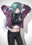  1girl arms_behind_back black_pants black_shirt colored_inner_hair commentary_request crop_top finana_ryugu finana_ryugu_(3rd_costume) fins fishnets green_hair grey_background hair_over_one_eye hair_tie_in_mouth head_fins head_tilt highres jacket kyouno long_hair looking_at_viewer mouth_hold multicolored_hair nijisanji nijisanji_en pants purple_eyes purple_hair purple_jacket shirt simple_background solo tying_hair virtual_youtuber 