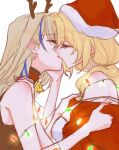 0214x0826 2girls antlers bare_arms bare_shoulders bell blonde_hair brown_choker brown_shirt choker christmas christmas_lights closed_eyes cocolia_rand commentary_request earrings from_side hand_on_another&#039;s_shoulder hand_on_own_cheek hand_on_own_face highres honkai:_star_rail honkai_(series) jacket jewelry kiss korean_commentary low_ponytail multicolored_hair multiple_girls neck_bell profile red_jacket serval_landau shirt simple_background sleeveless sleeveless_shirt strap_slip streaked_hair white_background white_shirt yuri 