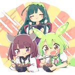  3girls ahoge ayakashi_(monkeypanch) blush_stickers brooch brown_hair chopsticks closed_eyes closed_mouth commentary_request eating food full_mouth green_hair green_hairband green_overalls hairband headgear highres holding holding_chopsticks holding_food japanese_clothes jewelry jitome kimono long_hair long_sleeves low_ponytail multiple_girls neck_ribbon noodles obi puffy_short_sleeves puffy_sleeves ribbon sash short_sleeves sidelocks smile soba sparkle standing steam sunburst sunburst_background tasuki touhoku_kiritan touhoku_zunko twintails voiceroid voicevox white_kimono yellow_eyes zundamon 