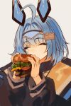  1girl absurdres ahoge animal_ears black_jacket blue_hair burger closed_eyes eating fake_animal_ears food hair_ornament highres holding holding_food indie_virtual_youtuber jacket naokomama sayu_sincronisity short_hair simple_background solo virtual_youtuber white_background 