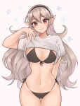  1girl alternate_costume bikini black_bikini black_hairband breasts cleavage clothes_lift commentary corrin_(female)_(fire_emblem) corrin_(fire_emblem) cowboy_shot english_commentary fire_emblem fire_emblem_fates grey_background hairband highres large_breasts navel pointy_ears purrlucii shirt shirt_lift short_sleeves side-tie_bikini_bottom solo standing stomach swimsuit thighs white_shirt 