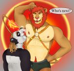 akipanda anthro arnpits bear bodily_fluids felid giant_panda half-closed_eyes hi_res lion male mammal musk narrowed_eyes pantherine pits straps sweat