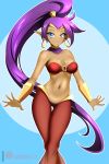  2:3 blue_eyes breasts cleavage clothed clothing ear_piercing ear_ring female fully_clothed genie hair hi_res humanoid humanoid_pointy_ears jewerly kimmy77 long_hair mammal not_furry piercing purple_hair shantae shantae_(series) solo topwear video_games wayforward 