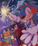  3boys aerial_fireworks animal_ears artist_name black_fur blue_fur closed_eyes cloud coat fireworks fox fox_boy fox_ears fox_tail furry furry_male gloves green_eyes happy_new_year hedgehog hedgehog_boy hedgehog_ears highres holding holding_fireworks looking_at_viewer momodr0id multiple_boys new_year night night_sky red_eyes red_fur scarf shadow_the_hedgehog sky smile sonic_(series) sonic_the_hedgehog tail tails_(sonic) two-tone_fur yellow_fur 