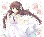  1girl :d bangs bare_arms bare_shoulders blush braid brown_hair commentary_request dress eyebrows_visible_through_hair flower flower_bracelet gochuumon_wa_usagi_desu_ka? green_eyes hair_flower hair_ornament hasekura_chiaki long_hair open_mouth petals pink_flower pleated_dress sleeveless sleeveless_dress smile solo twin_braids ujimatsu_chiya very_long_hair white_dress white_flower 