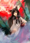  1girl animal_ears black_hair brooch claws commentary_request dress fang highres imaizumi_kagerou jewelry kaigen_1025 long_hair long_sleeves moon open_mouth outdoors red_brooch red_claws red_eyes red_moon red_sky sky solo touhou white_dress wolf_ears wolf_girl 
