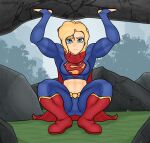  1girl abs blonde_hair blue_eyes boots cape crop_top dc_comics flexing highres long_sleeves midriff muscular muscular_female navel red_cape ripzaurus self-upload supergirl superhero superman_(series) superman_logo thick_thighs thighs 