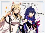  2girls ahoge animal_ear_fluff animal_ears arknights bare_shoulders blonde_hair breasts cape colored_inner_hair commentary dress english_text hand_on_another&#039;s_shoulder honkai:_star_rail honkai_(series) horse_ears i_think_we&#039;re_gonna_have_to_kill_this_guy_steven_(meme) long_hair medium_breasts meme multicolored_hair multiple_girls natsuki_(2917) nearl_(arknights) nearl_the_radiant_knight_(arknights) open_mouth parted_lips purple_eyes purple_hair purple_scarf scarf seele_(honkai:_star_rail) symbol-only_commentary upper_body very_long_hair white_cape white_dress yellow_eyes 