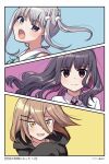  3girls azu_(azu401) brown_hair grey_hair kenja_ga_nakama_ni_natta! multiple_girls official_art purple_eyes purple_hair red_eyes sakuno_mutou school_uniform tsukiyo_riiko uzume_mikoto yellow_eyes 